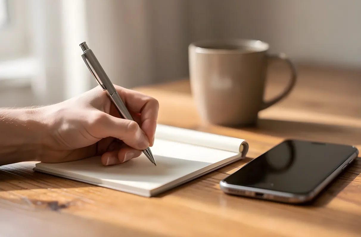 A hand writing in a small notepad beside a phone on a wooden table with a coffee mug nearby