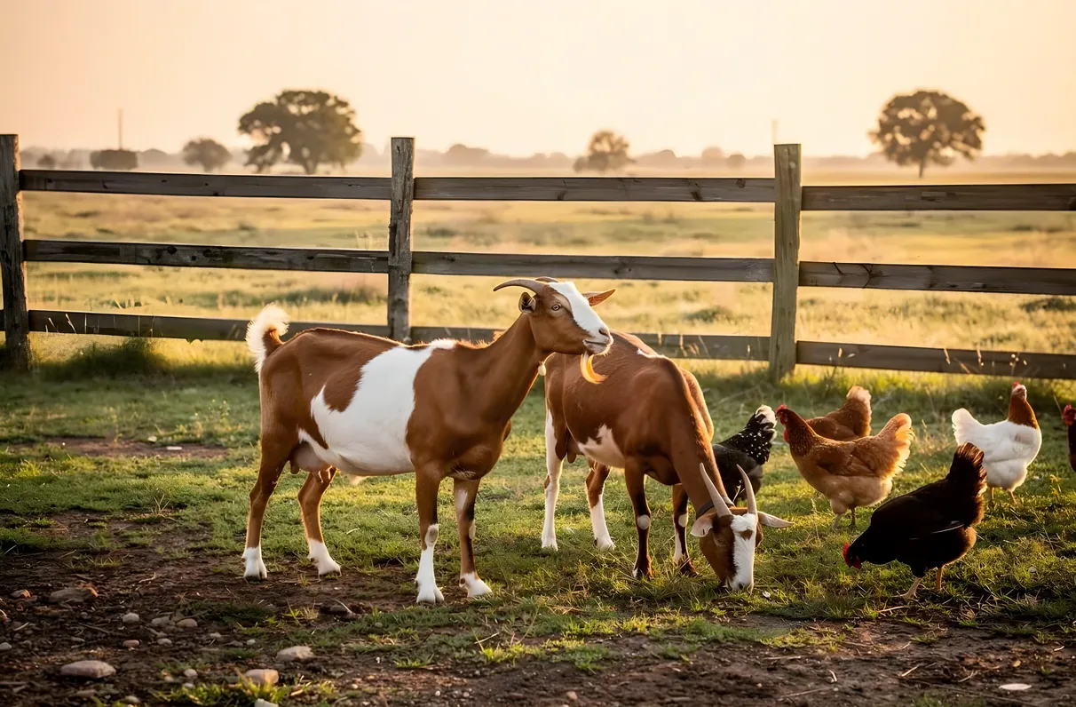 Goats and chickens in a fenced pasture on a small Texas acreage property in morning light