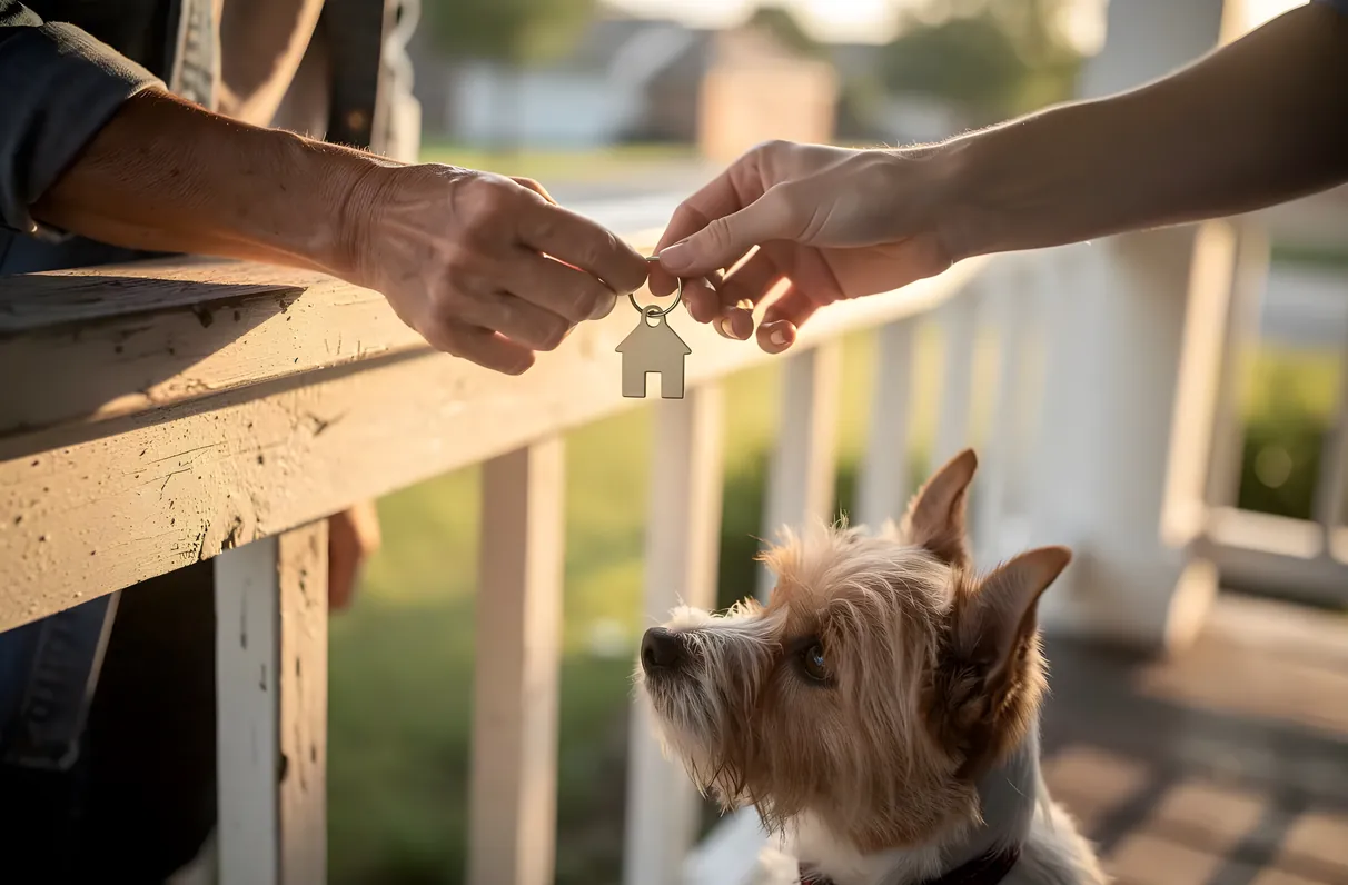 Two people exchanging a house key on a porch railing while a small terrier mix sits beside them