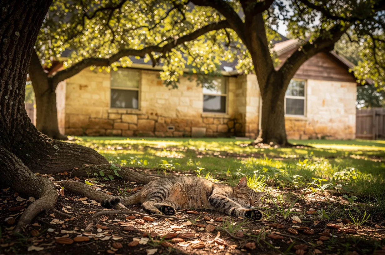 A tabby cat asleep in dappled afternoon shade beneath pecan and live oak trees behind a limestone farmhouse