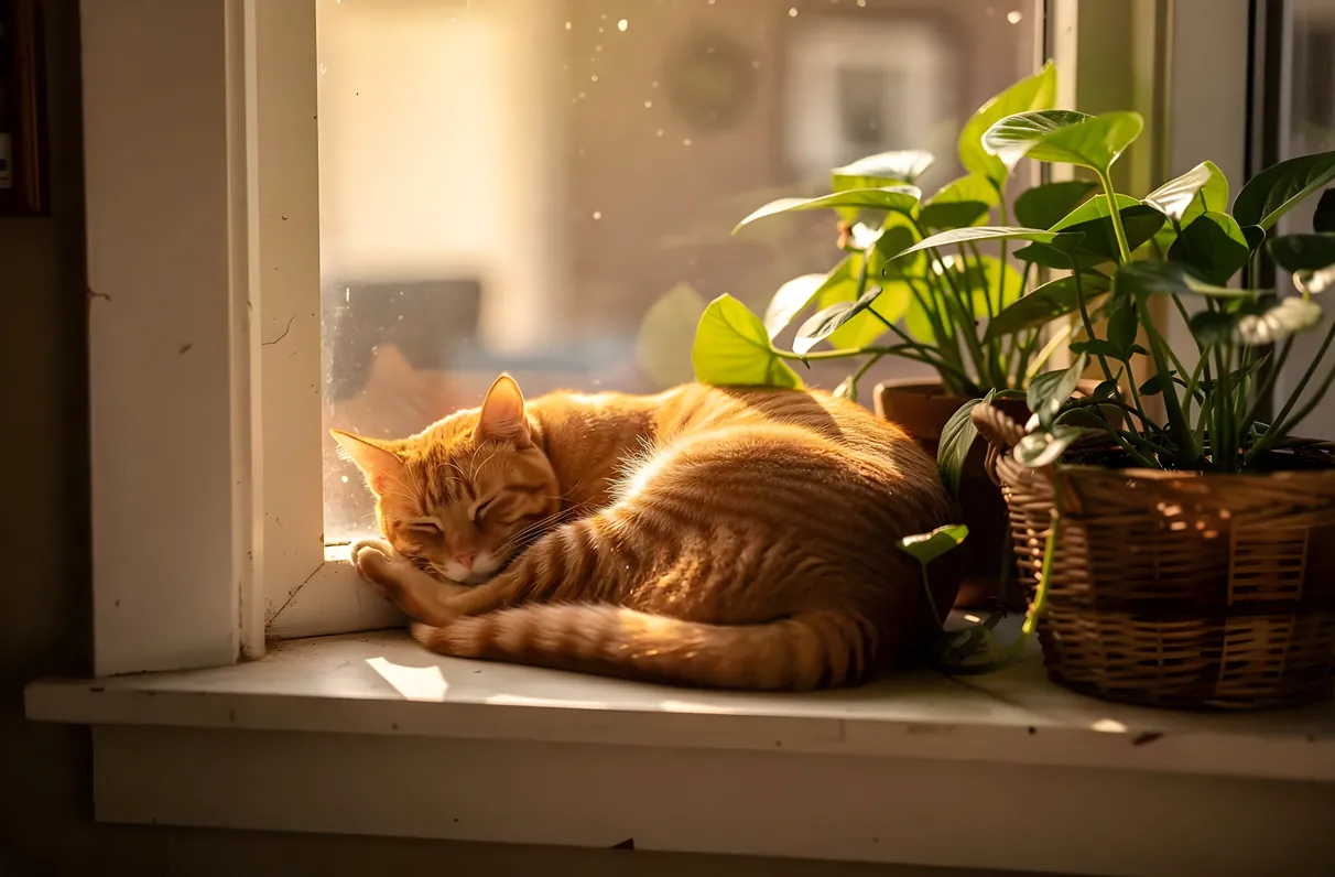 An orange tabby cat curled asleep on a sunlit windowsill in a modest Texas home