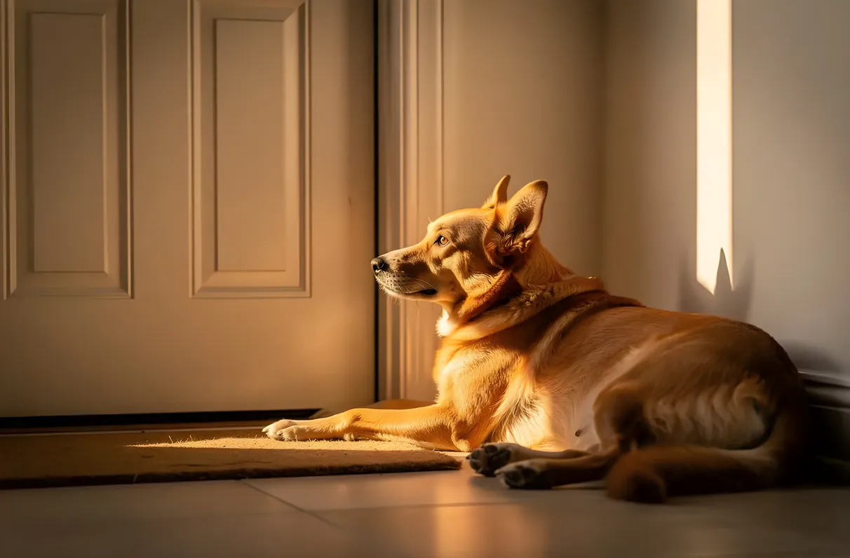 A calm golden-brown mixed-breed dog lying by a front door in a sunlit hallway