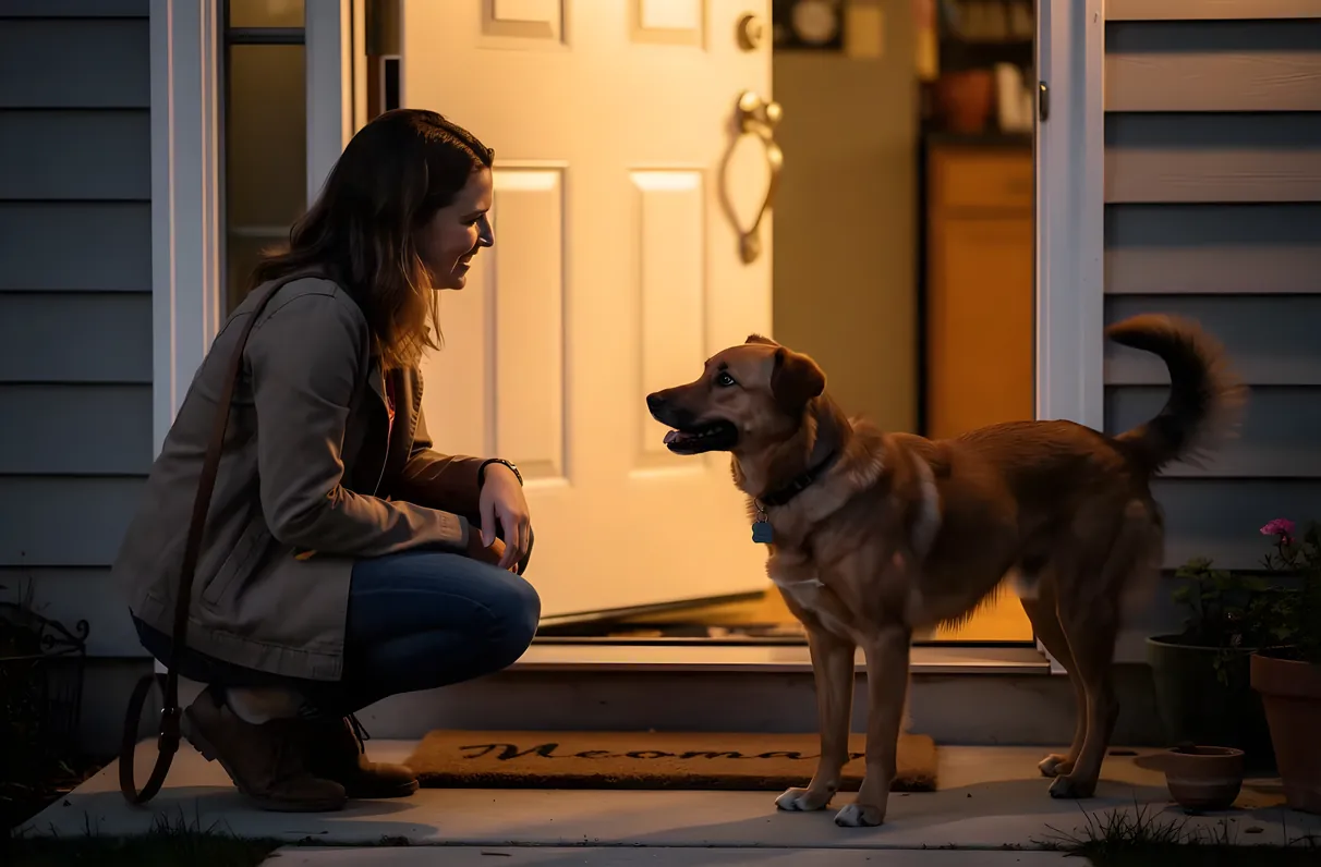 A woman crouching to greet a brown mixed-breed dog at an open front door